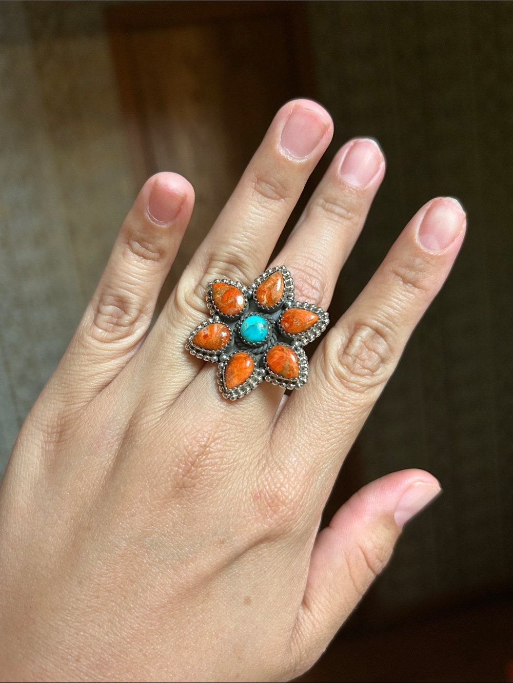 Flower Statement Ring with Orange and Turquoise Stones